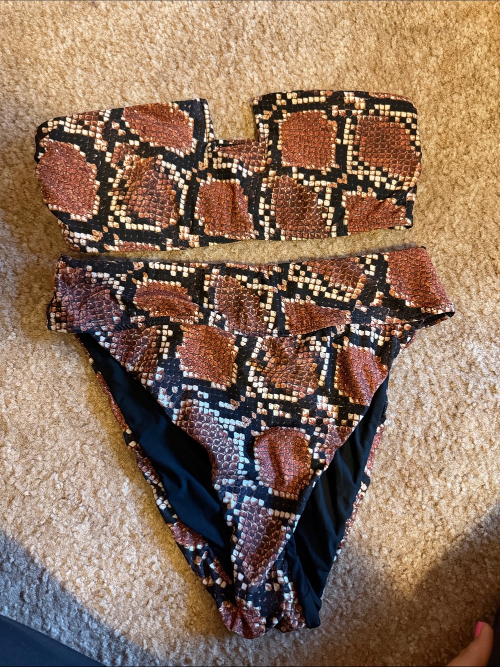 High-Waist Snake-Print Bandeau One-Piece Swimsuit — Brown